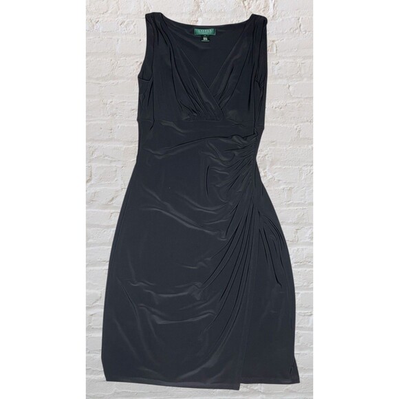 Ralph Lauren LRL Ruched Knee Length Dress Womens 6 Black Surplice Neckline - Picture 5 of 9